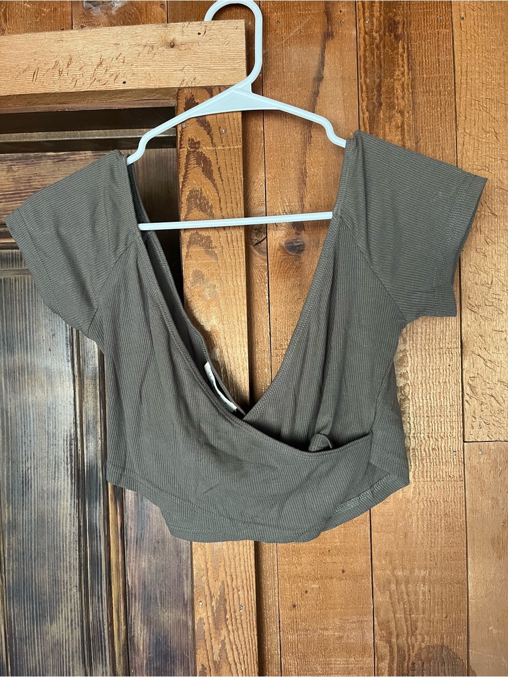 Lilla P Olive Green Ribbed Wrap Crop Top